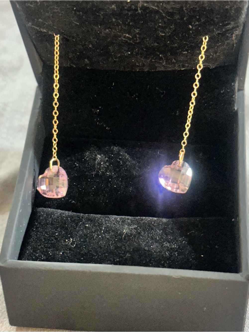 14Kt Gold Threaded Chain Earrings with Pink Heart Crystal Drops